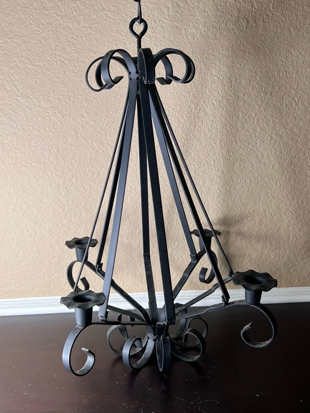 Vintage 1990s Primitive Style Wrought Iron Taper Candle Chandelier